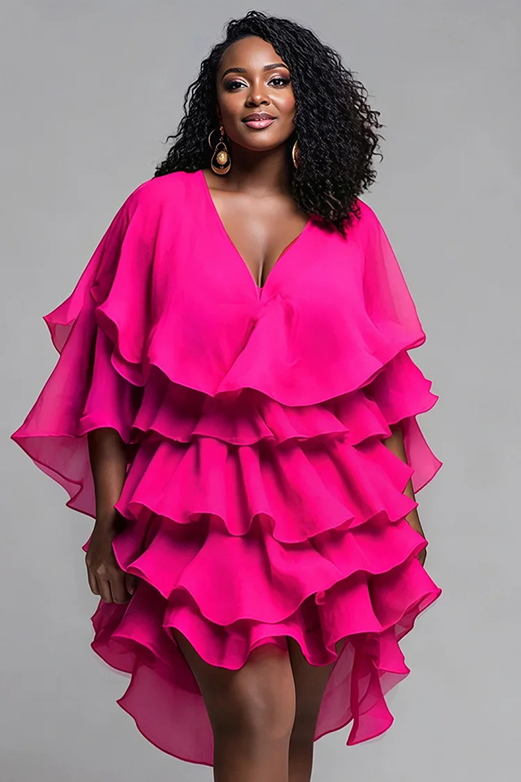 Xpluswear Design Plus Size Party Hot Pink V Neck Half Sleeve Ruffle Tiered Mini Dresses 2024 - Xpluswear