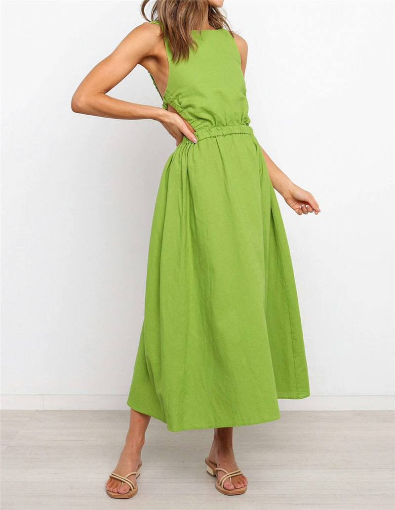 Solid Color Linen Backless Dress