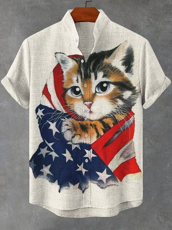 Men's American Flag Robe Cat Art Print Linen Blend Shirt