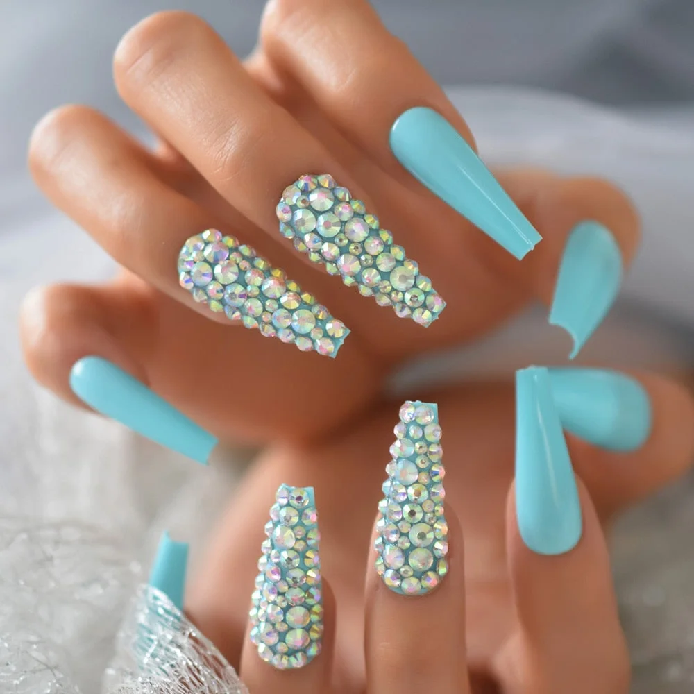 Strass Super Long False Nails Green Blue Tapered 3D Predesigned Ballerina Faux Ongles with Rhinestones 24