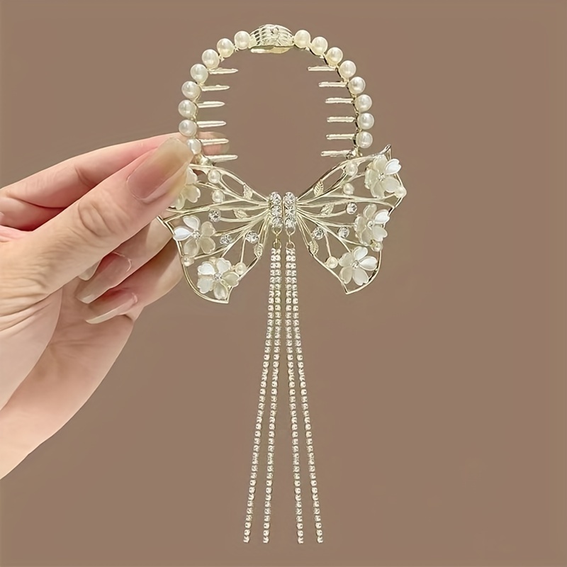 Exquisite Alloy Hair Clip Fine Hollow Out Butterfly Flower Imitation Pearl Hairpin Chic Rhinestone Tassel Ball Head Barrettes
