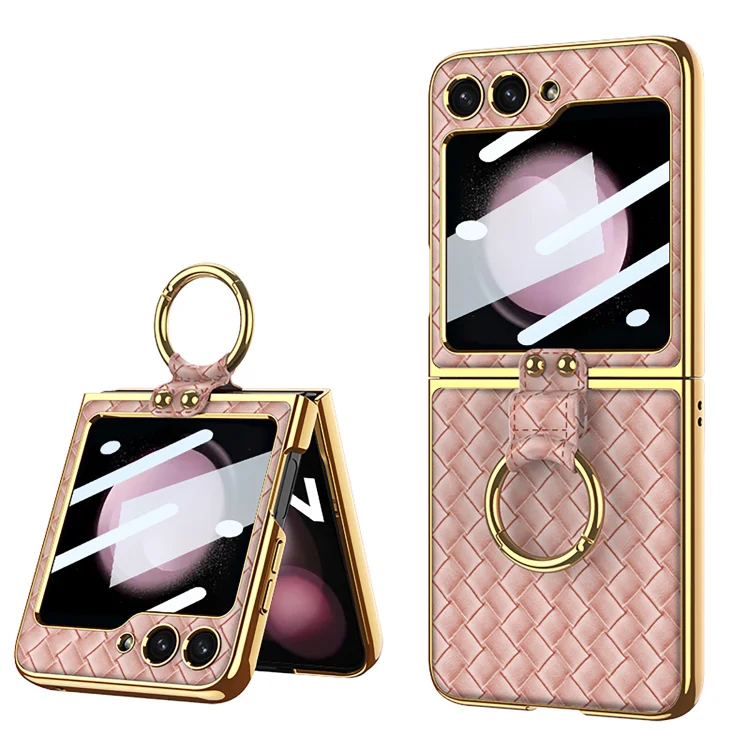 Luxury Woven Leather Pattern Electroplate Hard PC Phone Cover for Samsung Galaxy Z Flip 5 Case with Ring Holder Bracket