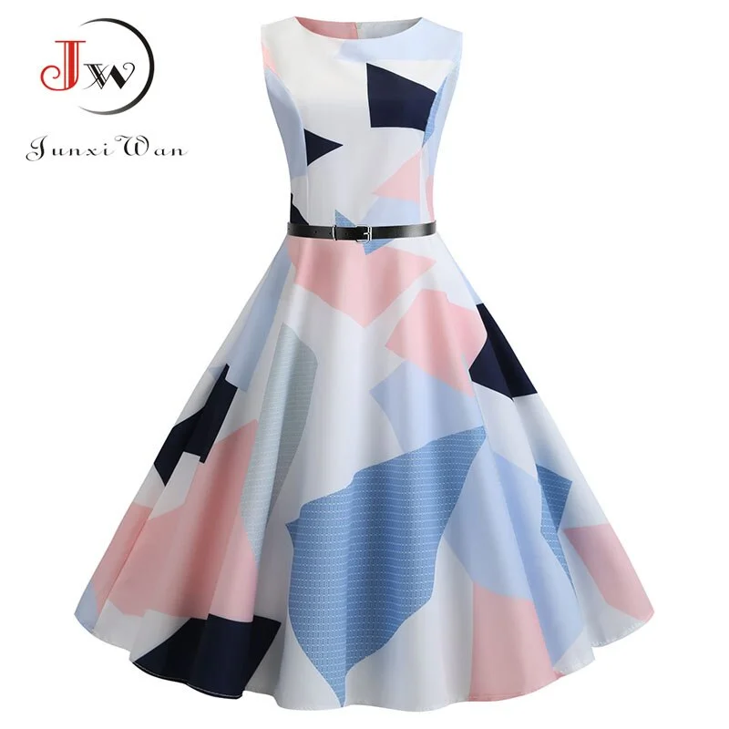 Women Vintage Floral Print Summer Dress Elegant Swing Rockabilly Party Dresses Casual Midi Tunic Beach Dress