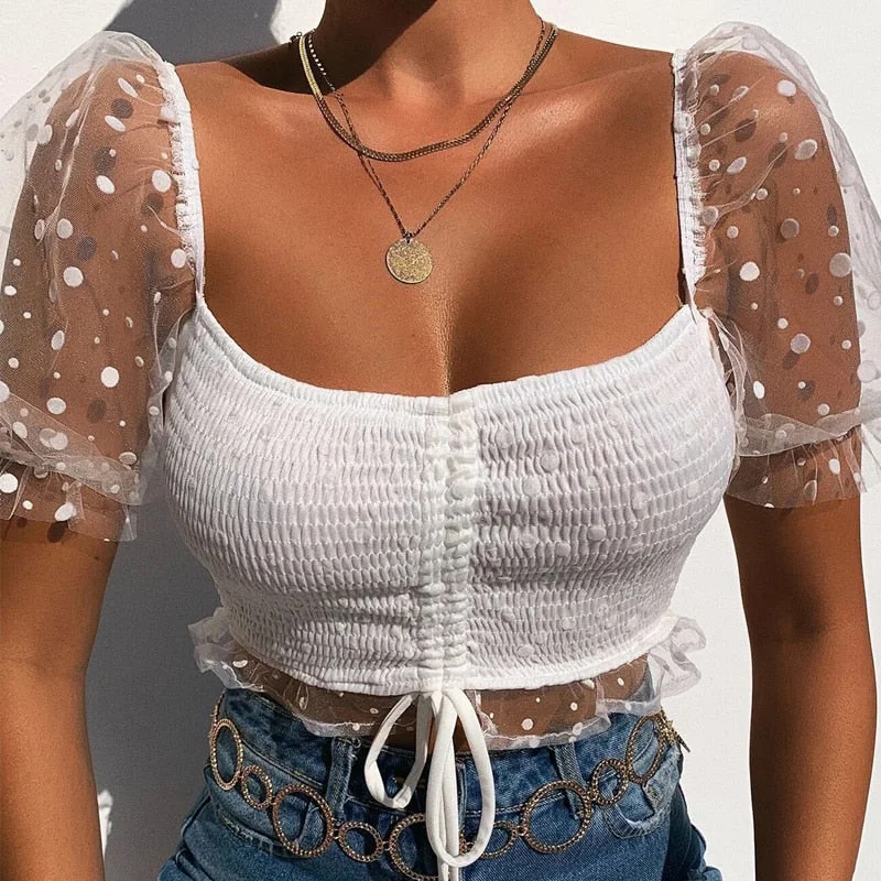 Summer Polka Dot Mesh Puff Sleeve T-Shirt Women Square Collar Crop Tops Sexy Lace Up Front Slim Fit Tees Chic Lady Plain Top