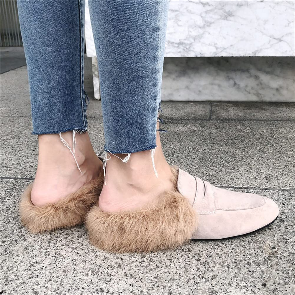 Backless Rabbit Fur Slippers Suede Mules Shoes-vocosishoes