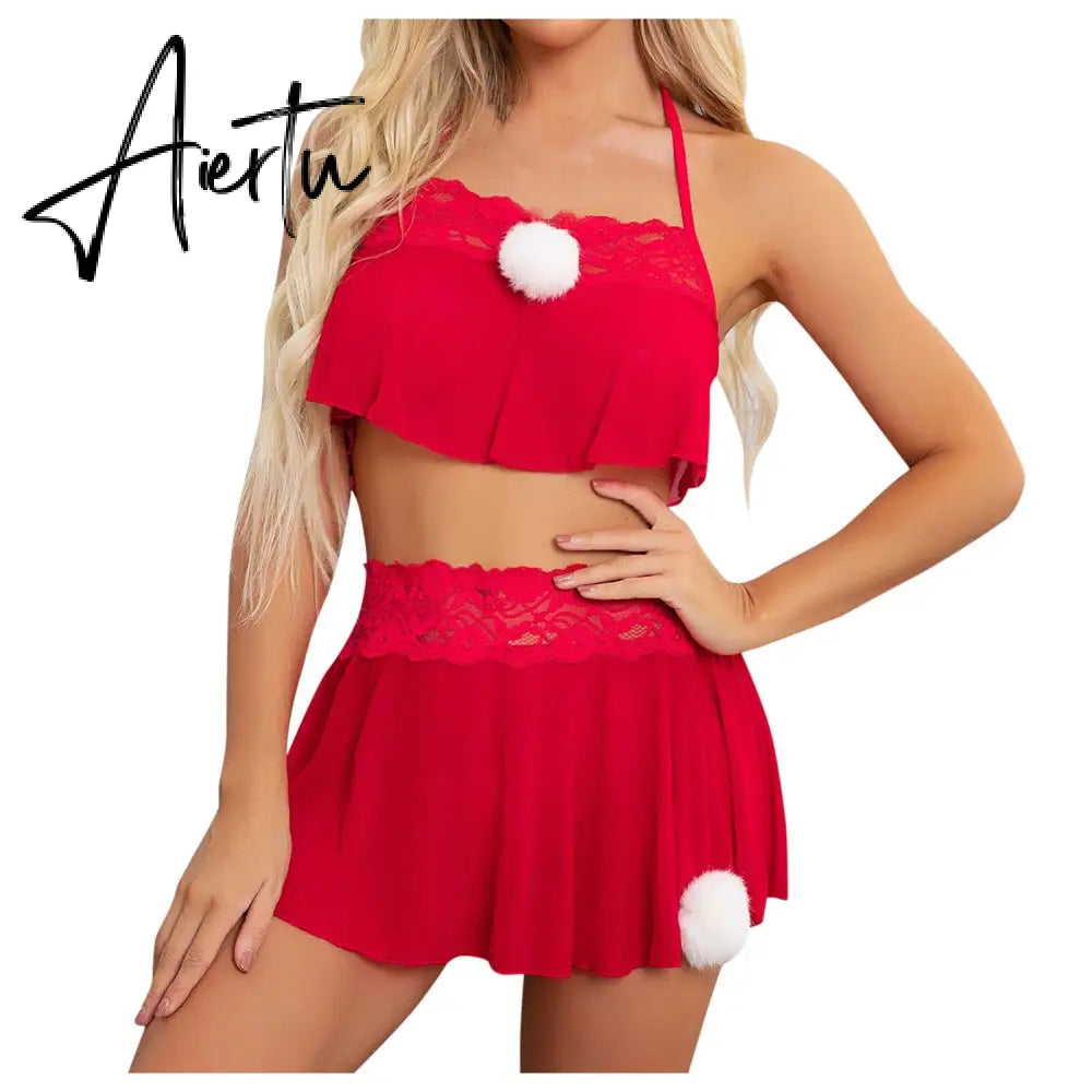 Christmas Babydoll Dress Women's Underwear Sexy Lace Lingerie V-neck Sleeveless Strap Nightdress Sexy Backless Nightie Sleepwear Aiertu