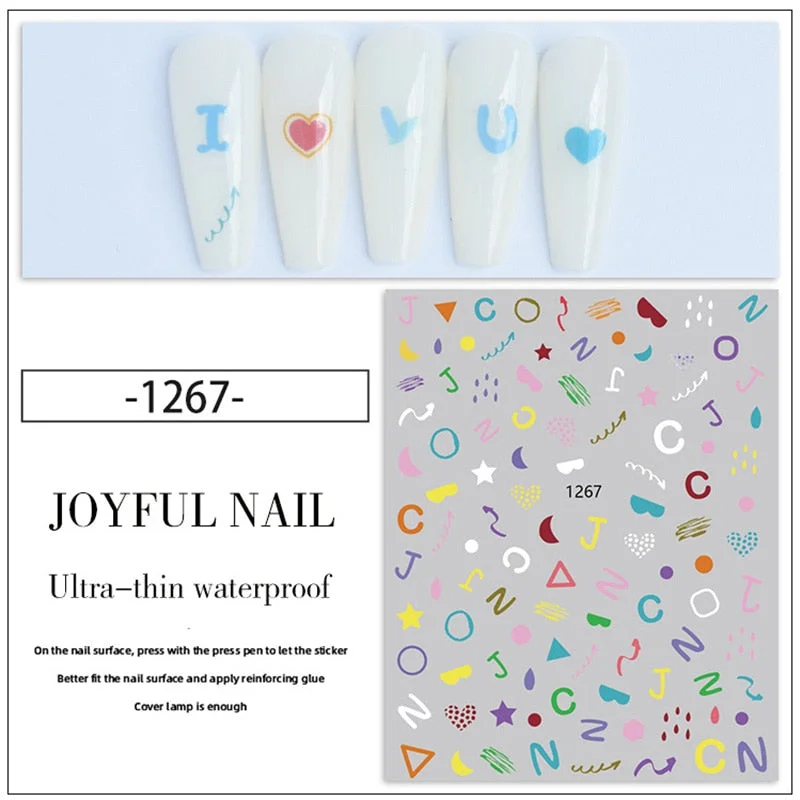 Beautizon Heart + - Shape Colorful Typography High Quality 5D Engraved Nail Stickers Nail Art Decorations Nail Decals Design