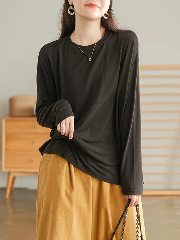 Casual Simple Solid Color Loose Round-Neck Long Sleeves T-Shirt
