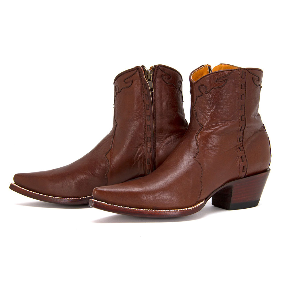 Brown Pointed Toe Cowgirl Heeled Ankle Boots with Hand-Lacing Detail Nicepairs
