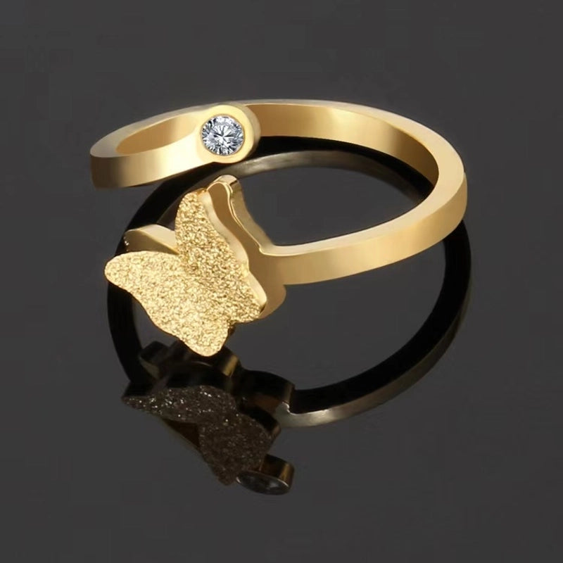 Sweet Minimalist Butterfly 304 Stainless Steel Artificial Rhinestones 18K Gold Plated Plating Butterfly Open Rings