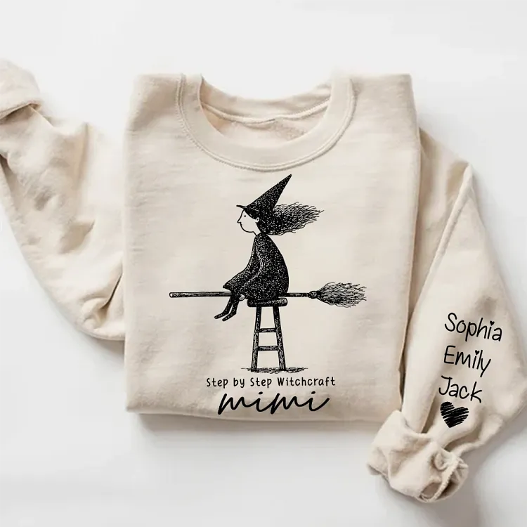 Personalized Mimi Halloween Sweatshirt, Custom Kids Names, Step by Step Witchcraft Sweatshirt, Cute Witch Flying Broom Gift for Grandma
