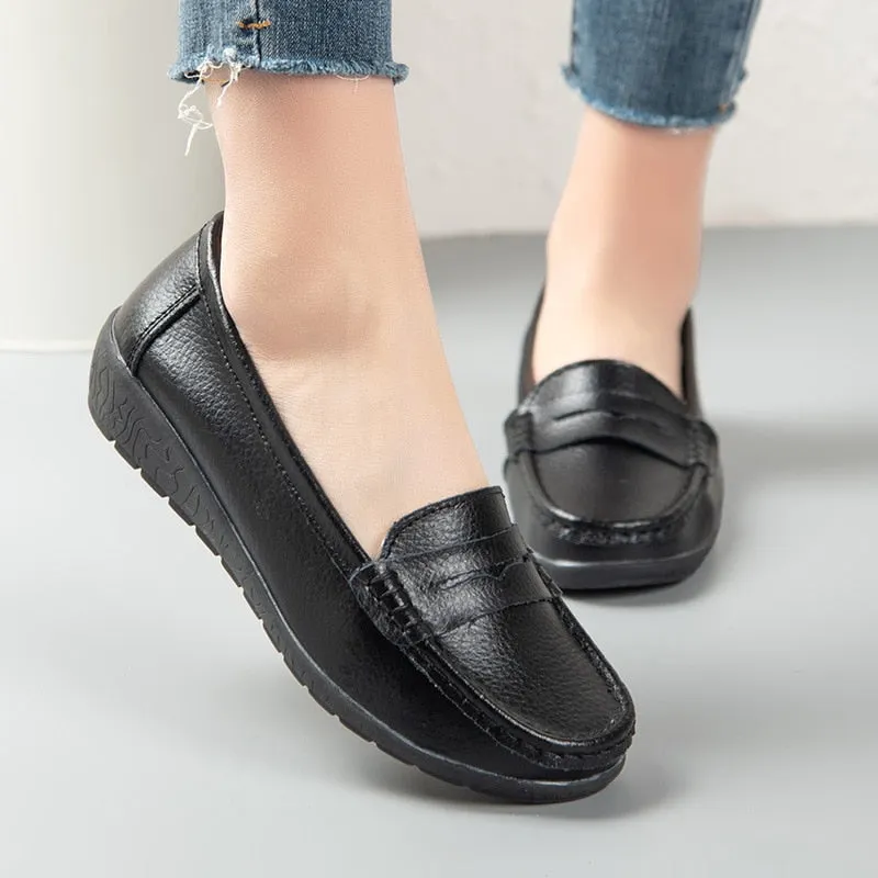 Women Flats Slip On Soft Loafers Women Genuine Leather Shoes Platform Nurse Ladies Flat Shoes Wedge White Zapatos De Mujer