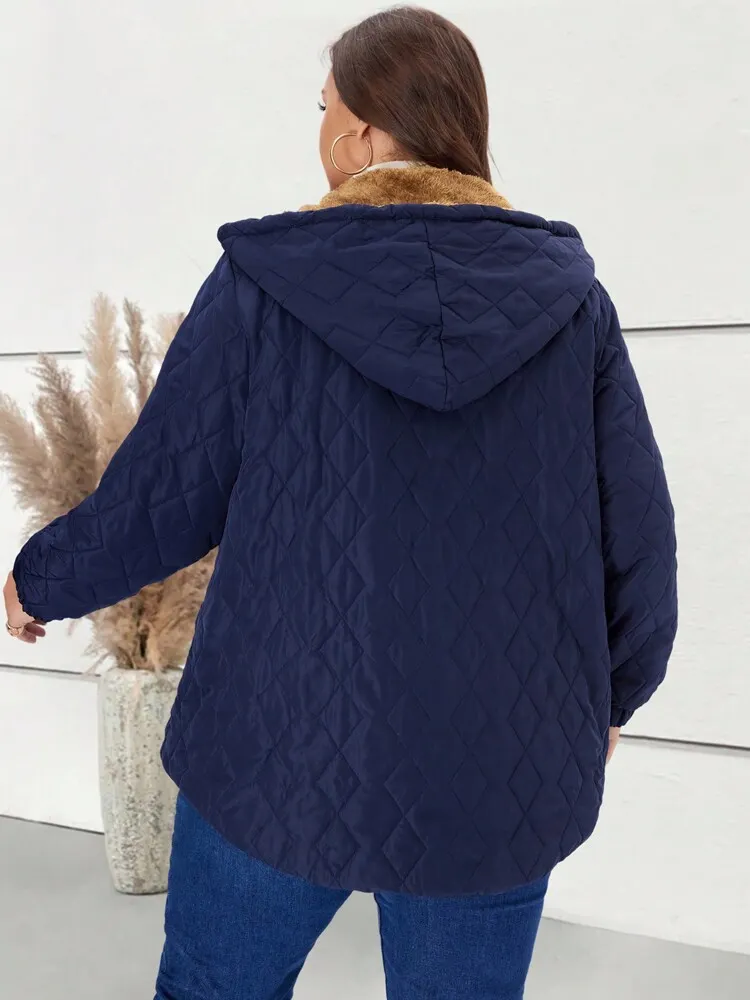Plus Size Women's Hooded Zipper Casual Fleece Padded Coat With Pockets