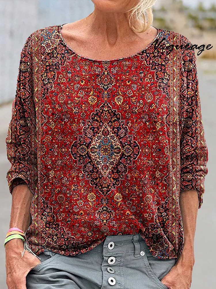 Retro Red And Brown Symmetrical Pattern Print Round Neck Loose Long Sleeve T-Shirt