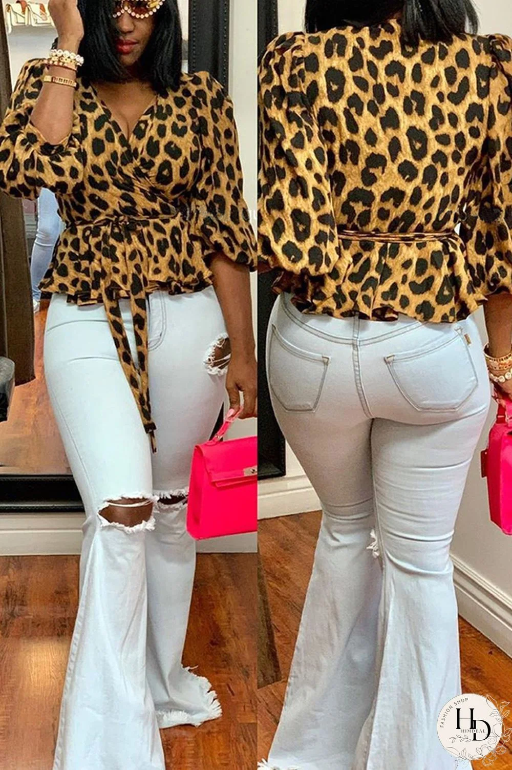 Brown Polyester V Neck Half Sleeve Leopard Bandage Print Long Sleeve Tops