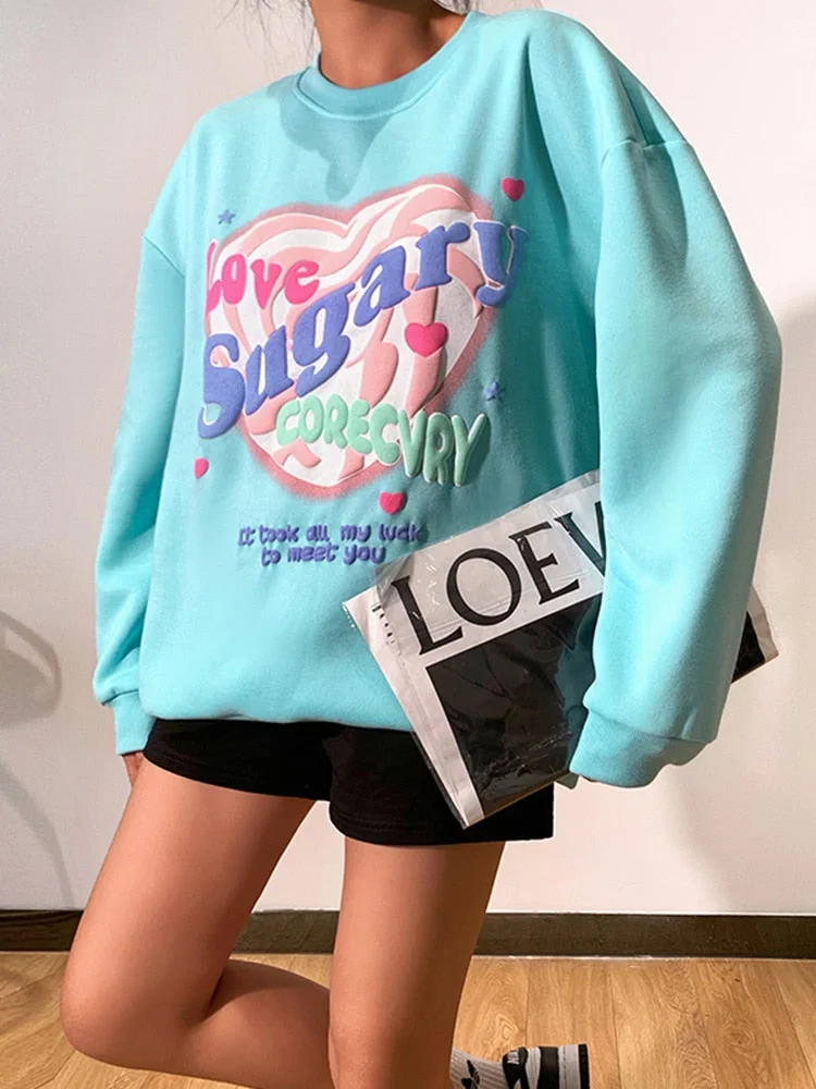 WannaThis Sweet Love Printing Oversize Sweatshirts Cotton Fitness O Neck Long Sleeve Pullover Autumn Winter Harajuku Kawaii Top