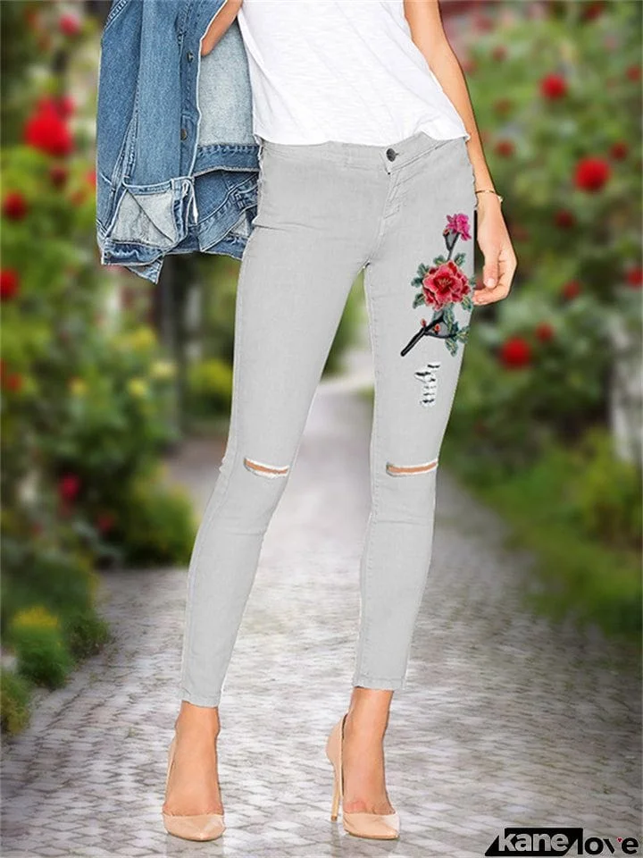 Vintage Style Red Floral Embroidery Grey Slim Fit Denim Jeans for Women