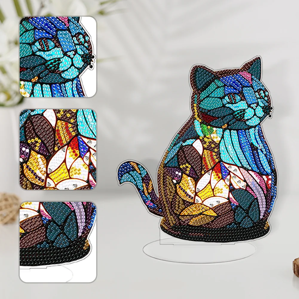 DIY Cat Acrylic Single-Sided Diamond Painting Desktop Decoration with Light for Office Desktop Decor