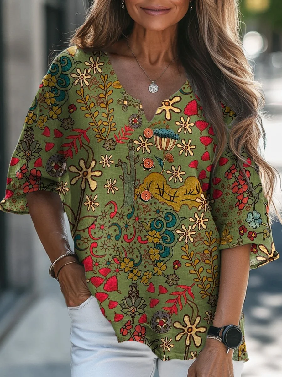 Vintage Garden Floral Pattern Printed Women's Casual Linen V-Neck Shirt