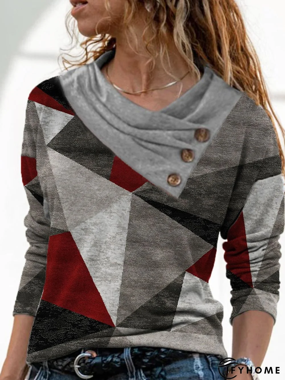 Color Block Geometric Printed Cowl Neck Casual Loosen Top | IFYHOME