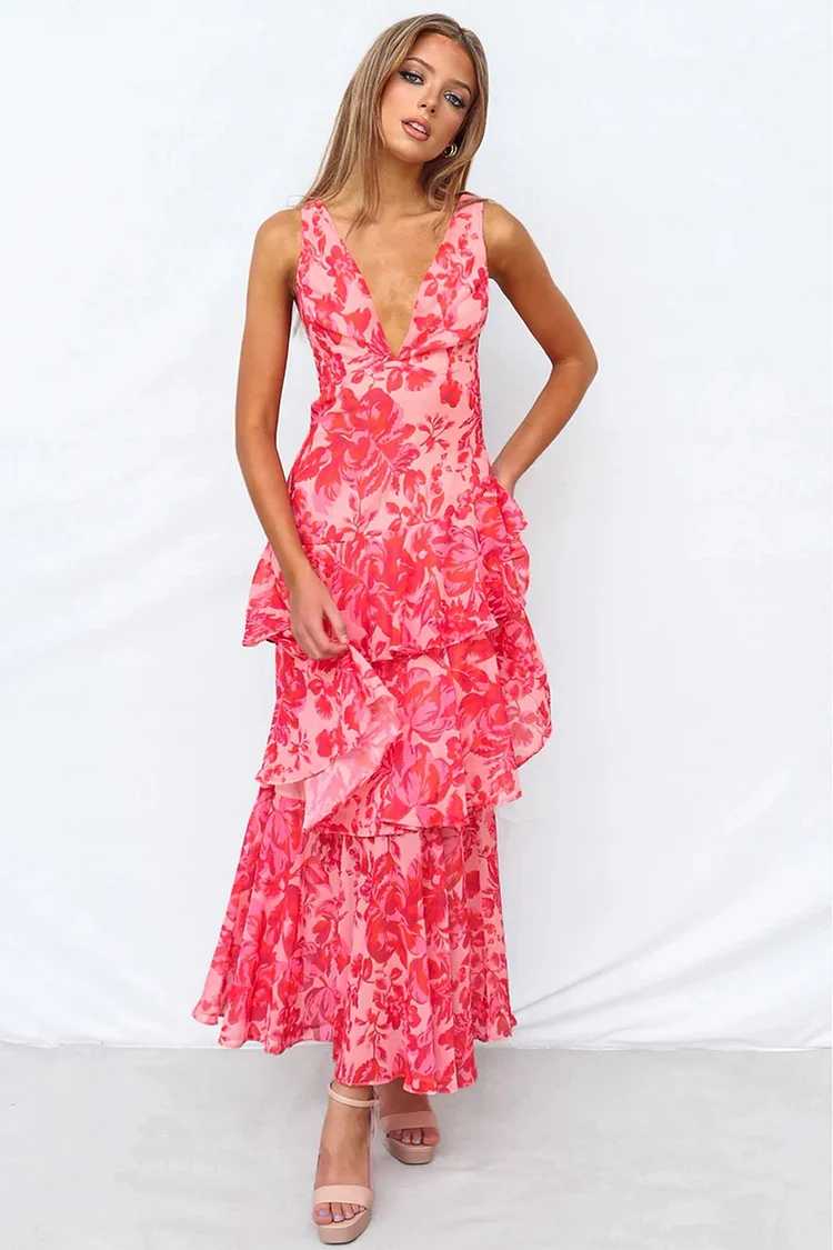 Wedding Guest Red Floral Print Layered Ruffles Deep V Neck Maxi Dress