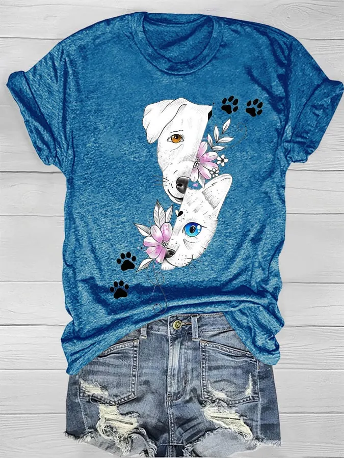 Women's Dog And Cat Print Short Sleeve Print T-Shirt