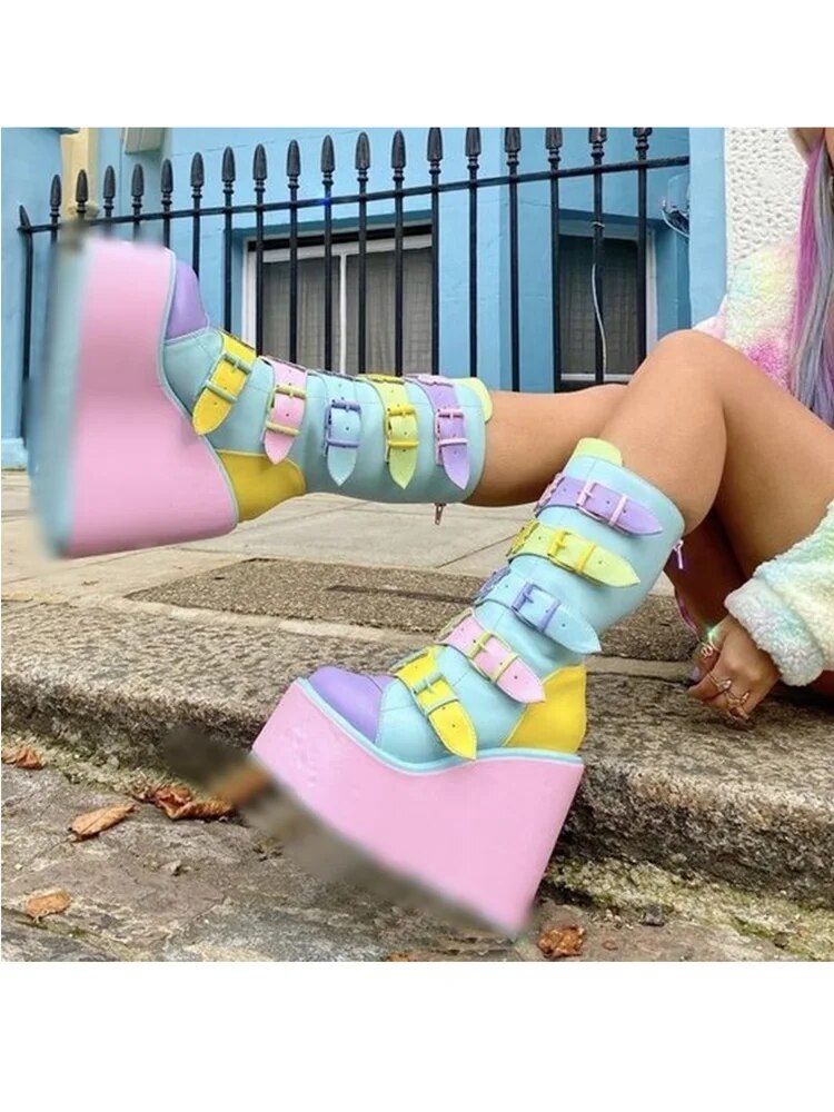 VCSHOES Mixed Color Wedge Platform Buckle Boots Knee High Zipper Casual Big Size Woman Shoes Zapatillas Mujer