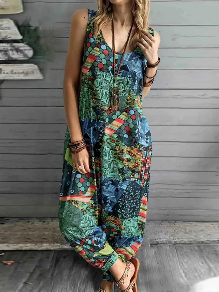 Casual Scoop Neck Mixed Print Sleeveless Loose Cami Jumpsuit