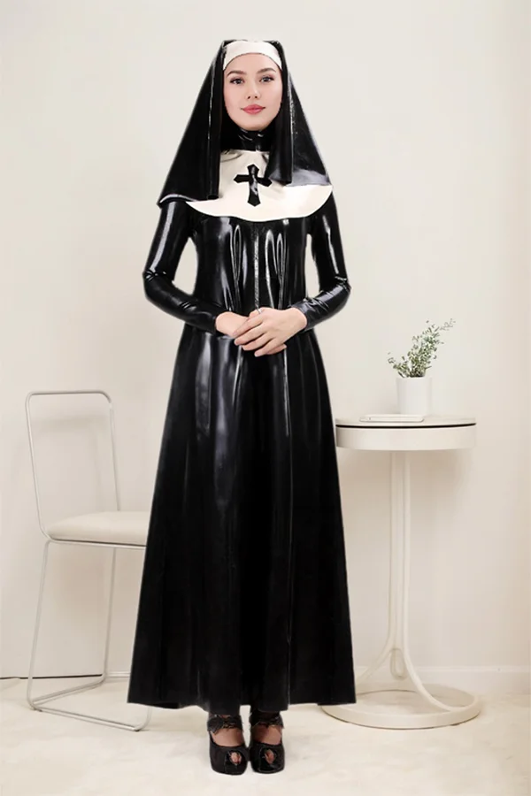 Women Latex Dress The Confession Obsession Nun Costume Cross Detail Gown Headpiece Set