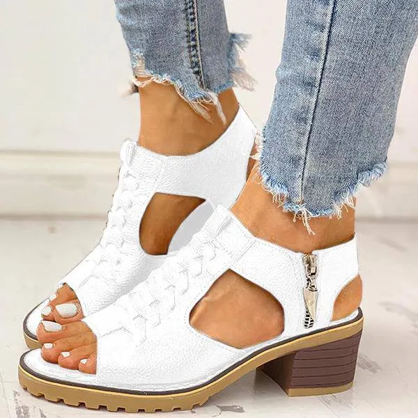 Libiyi Peep Toe Cutout Zipper Chunky Heeled Sandals （get free shipping）
