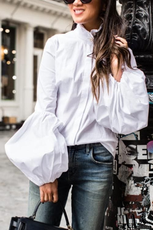 MidiSono - Button Puff Sleeve Shirt