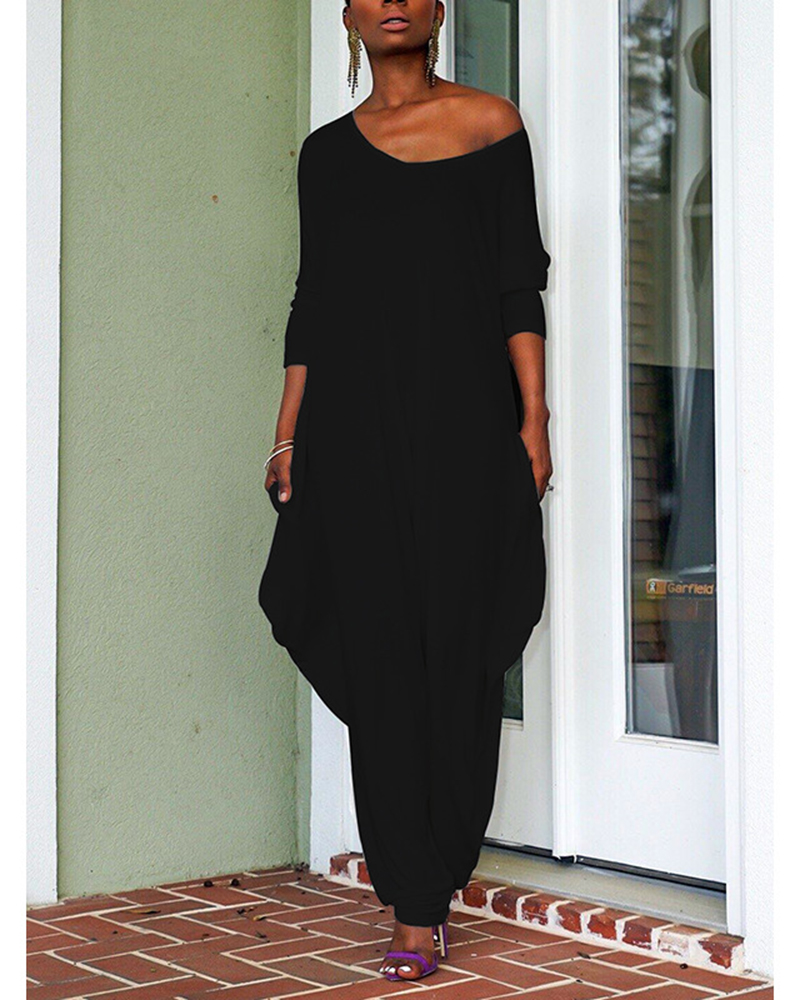 Asymmetric Neckline Long Sleeve Backless Jumpsuit