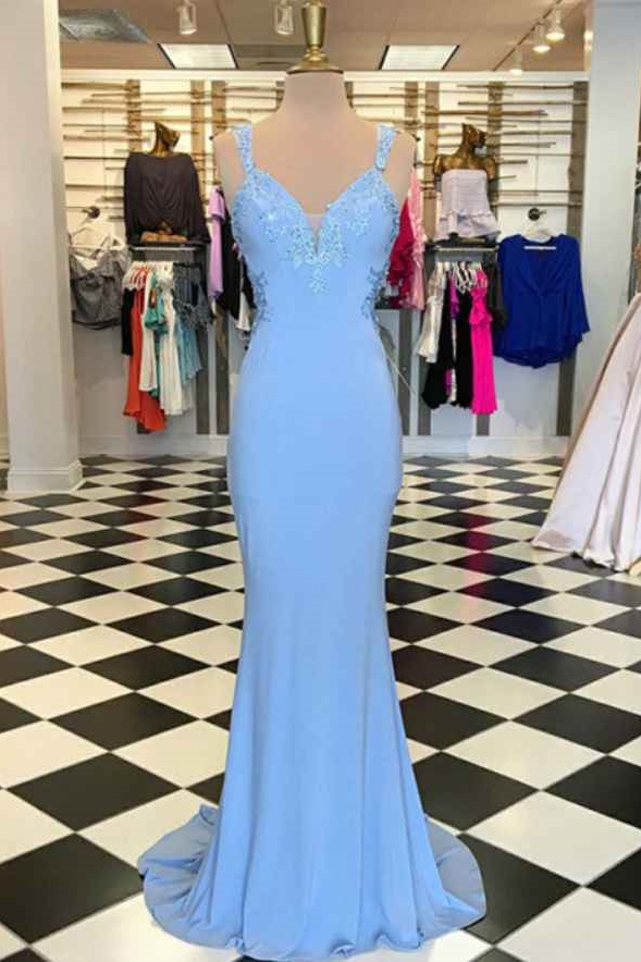 Ovlias Glamorous Blue Spaghetti Strap Applique Sheath Mermaid Prom Dress LY0461