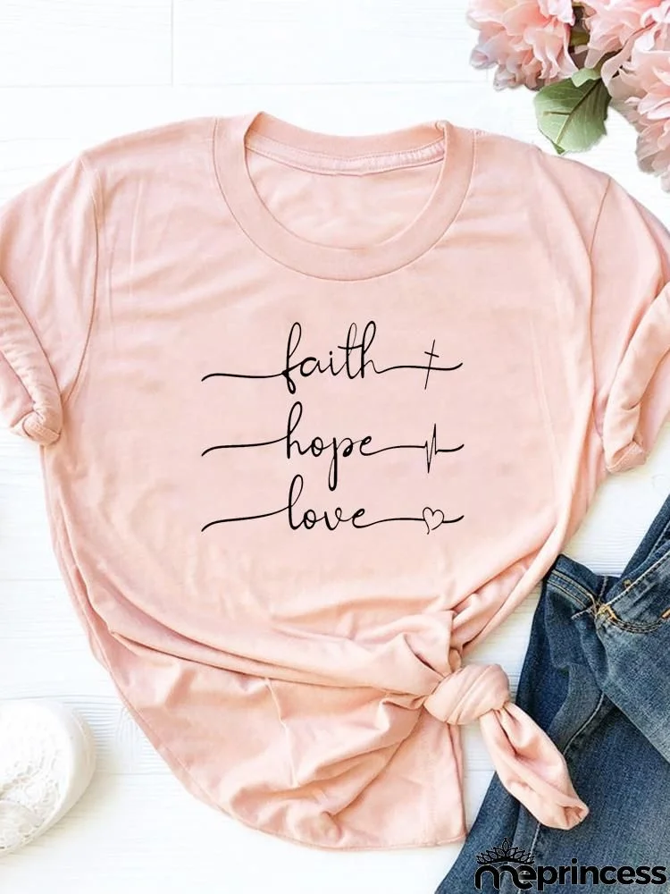 Women Fashion Base Letter Sunflower Cross Print Round Neck Short Sleeve T-Shirt