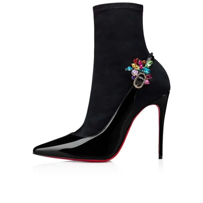 100mm Women's Pointed Rhinestone Stitching High Heel Boots Stretch Boots Red Bottom Ankle Boots-vocosishoes