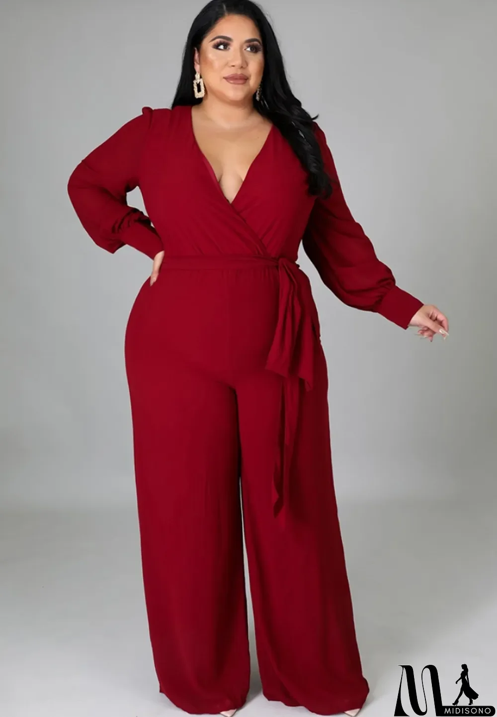 MidiSono - Autumn Plus Size Elegant Wrap Jumpsuit Red