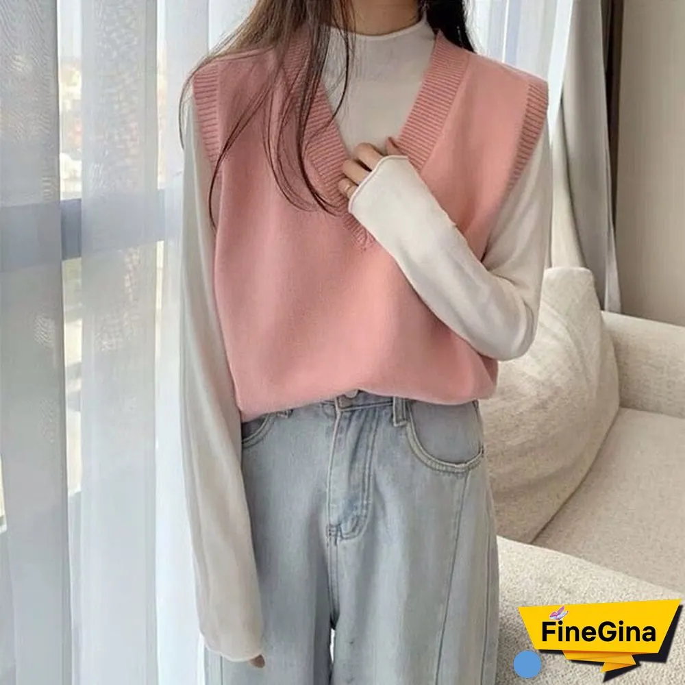 Sweater Vest Women Solid Autumn Winter All-match Leisure Outerwear Knitted V-Neck