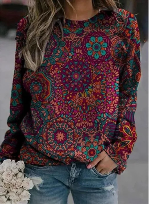 Crew Neck Casual Long Sleeve Floral Tops | IFYHOME