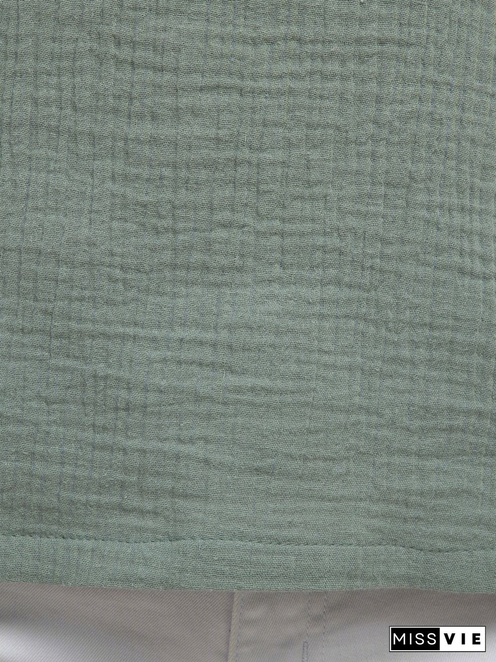 Women Casual Linen Cotton Plain Short Sleeve Blouses