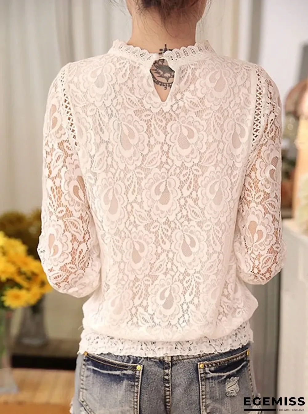 Band Collar Embroidered Lace Blouses | EGEMISS