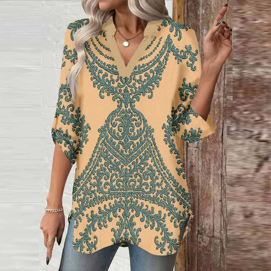 Women Bohemian,  Apricot,  Blue DZGA0432 3/4 Sleeve V-neck Printed Graphic Button Tops