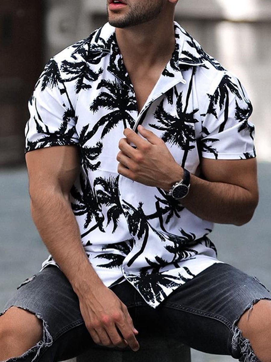 Men's Casual Palm Tree Print Short Sleeve Shirt