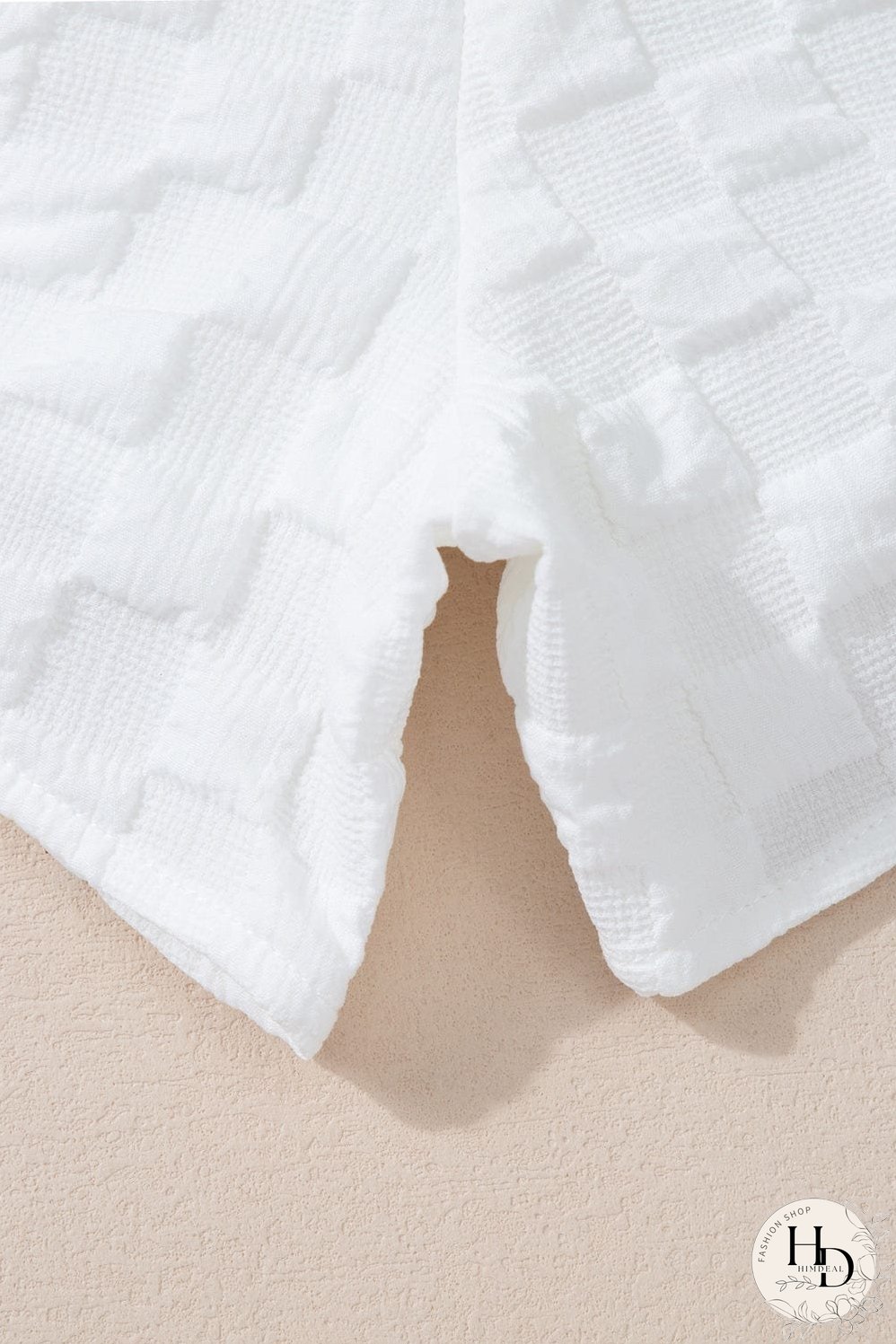 Chic White Textured V-Neck Top and Drawstring Shorts Ensemble