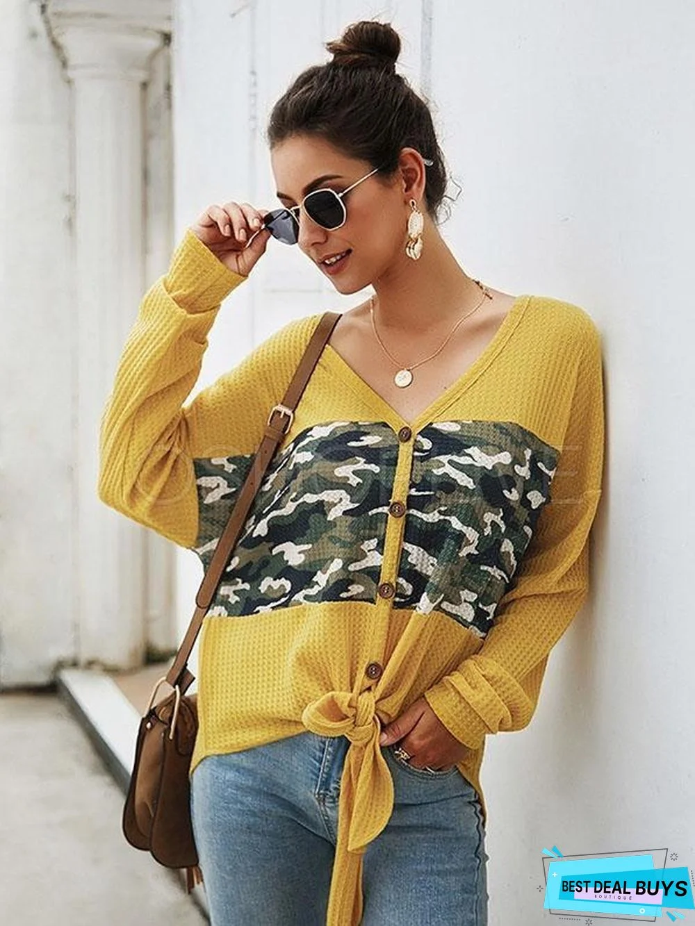 Camouflage Stitching V-Neck Knit Sweater