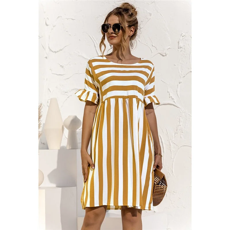 Back to school  Women Elegant Ruffle Sleeve Striped Patchwork A Line Dress 2022 Summer Casual High Waist O Neck Loose Pocket Dress Beach Wear