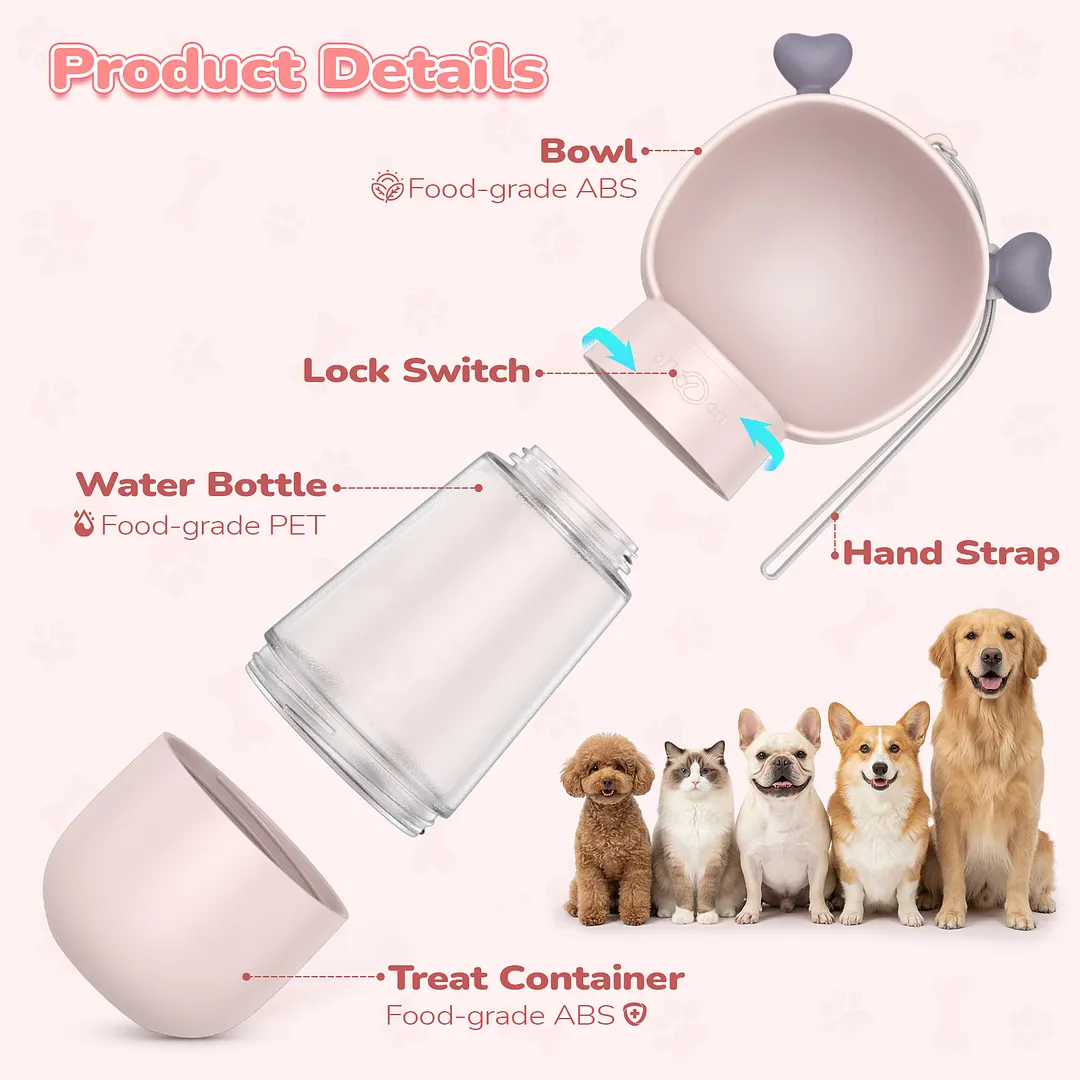 BEBANG Dog Water Bottle with Food Container, Leak-Proof Portable Pet Travel Water Cup, BPA-Free, 11.8oz/350ml Capacity for Dogs & Cats (Pink)