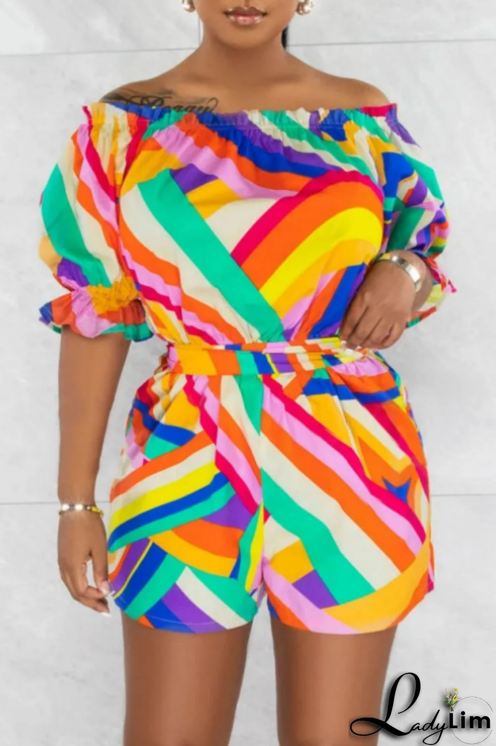 Multi-color Casual Print Patchwork Off the Shoulder Regular Jumpsuits