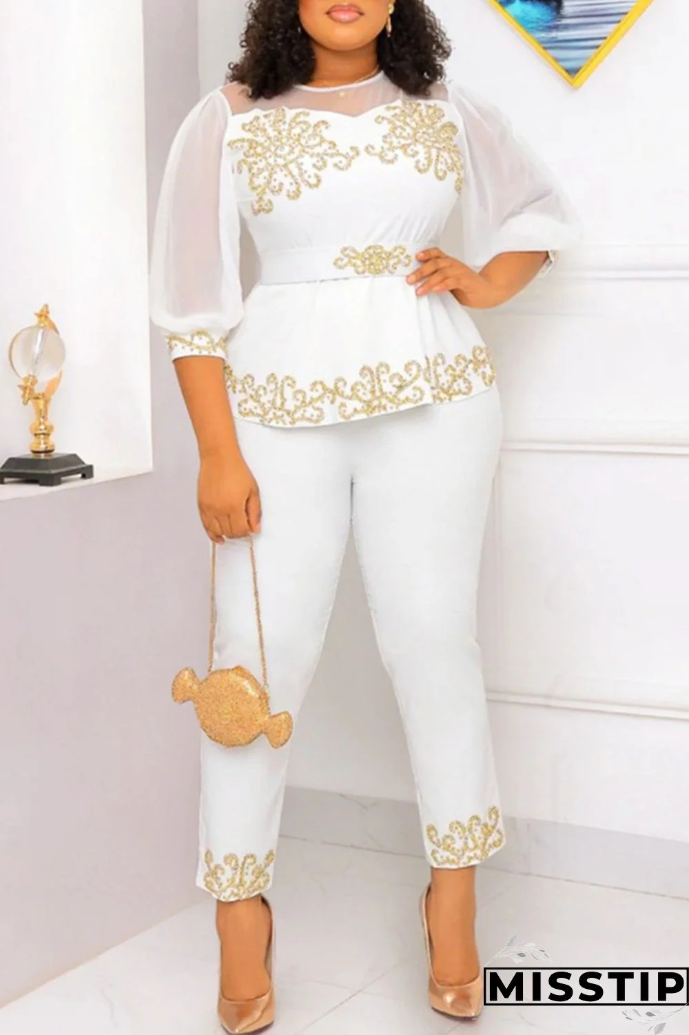 Cyan Casual Patchwork Basic O Neck Two Pieces