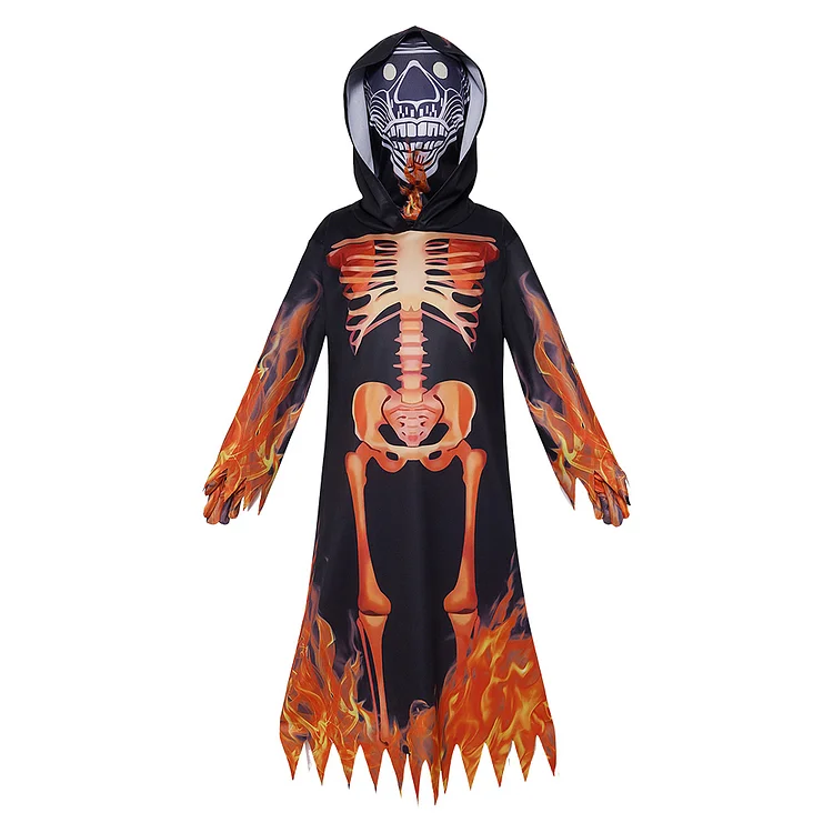 Kids Children Fire Skelenton Black Hood Outfits Halloween Horror Cosplay Costume Carnival Suit