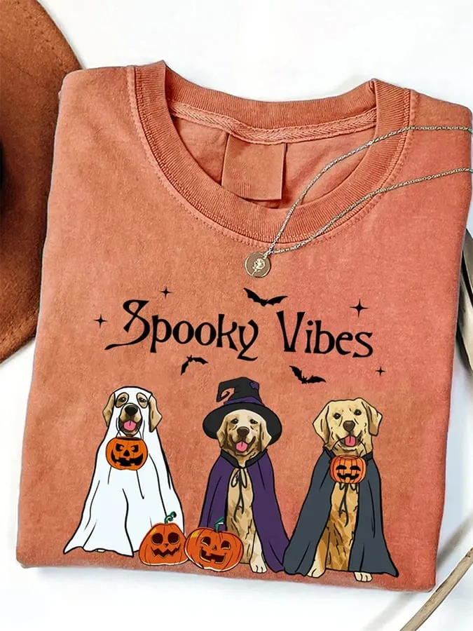 Women's Spooky Vibes Dog Halloween Circle Round -Neck Sweater 